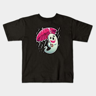 ghost holding pink umbrella in a rainstorm Kids T-Shirt